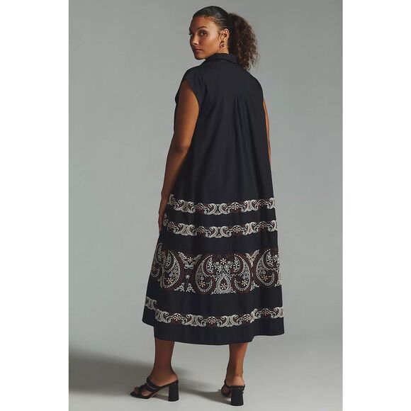 New Anthropologie Embroidered Midi Swing Black Shirt Dress Medium - Picture 2 of 13